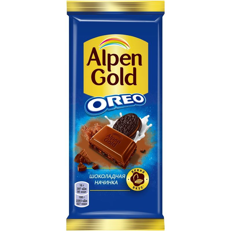 Шоколад Alpen Gold с шоколадной начинкой и кусочками печенья Орео молочный 85г