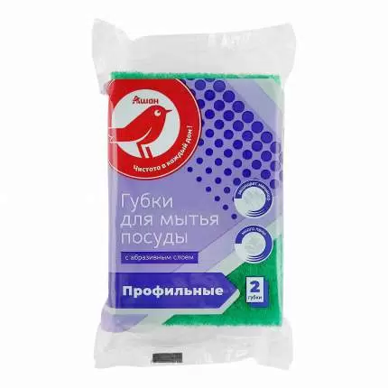 Губки для посуды АШАН Красная птица профильные, 85х65х42 мм 2 шт