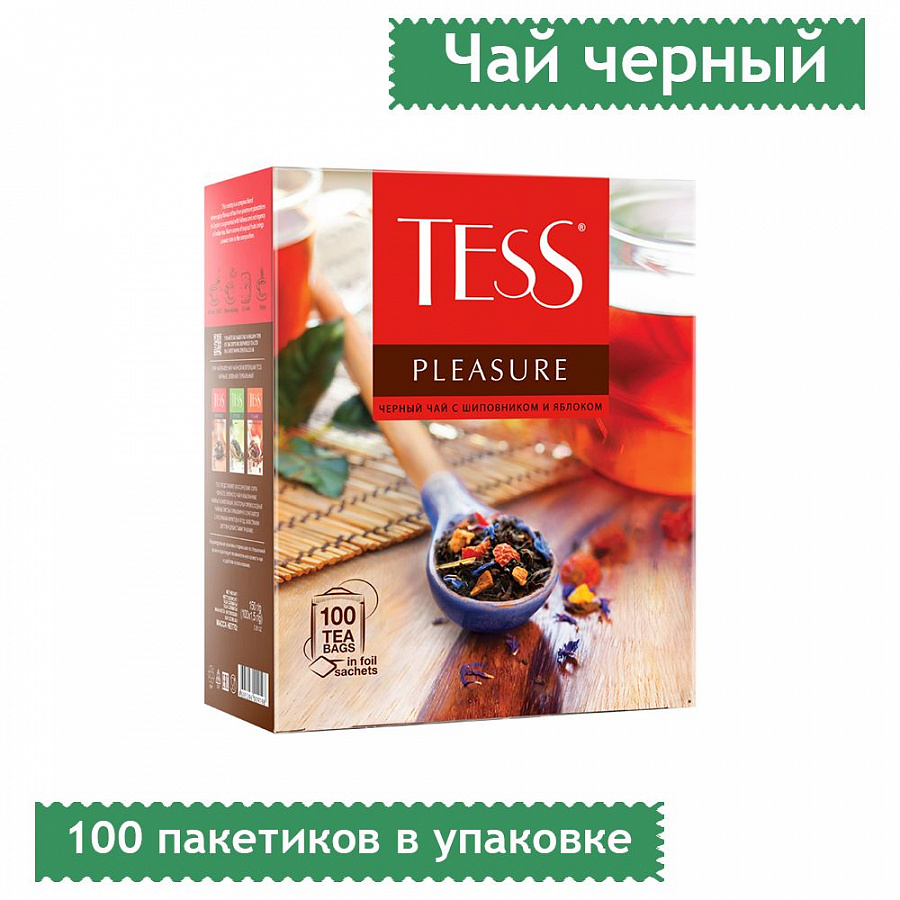 Чай черный Tess Pleasure с шиповником яблоком и тропическими фруктами, 100 шт